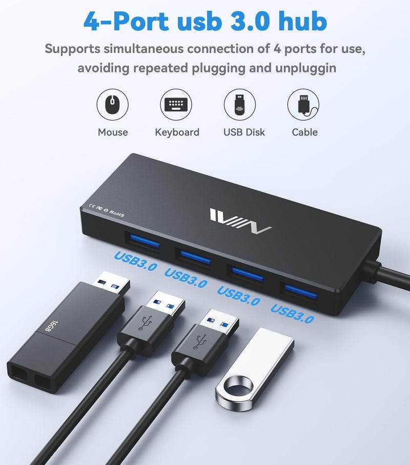 IVIIN محور USB 3.0، موزع USB 4 منافذ، محول محمول متعدد المنافذ لمركز البيانات للكمبيوتر المحمول، Xbox، محرك فلاش، HDD، وحدة التحكم، الكاميرا، لوحة المفاتيح، الفأرة لنظام Windows، Mac OS، الكمبيوتر الشخصي، غير مصمم لشحن الأجهزة - أسود - Image 2
